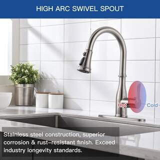 BWE Single-Handle Pull-Down Sprayer 3 Spray High Arc Kitchen Faucet With Deck Plate in Brushed Nickel A-94002-N