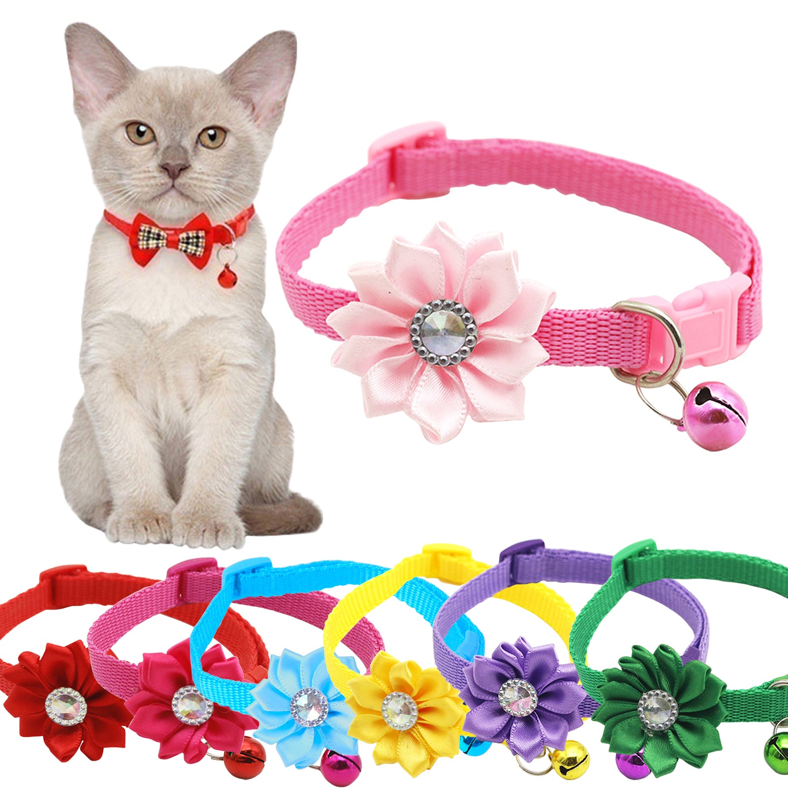 CHBORLESS 2 Pcs Nylon Cat Collar with Bell Bow Tie Flower Adjustable Puppy Kitten Collar，Red