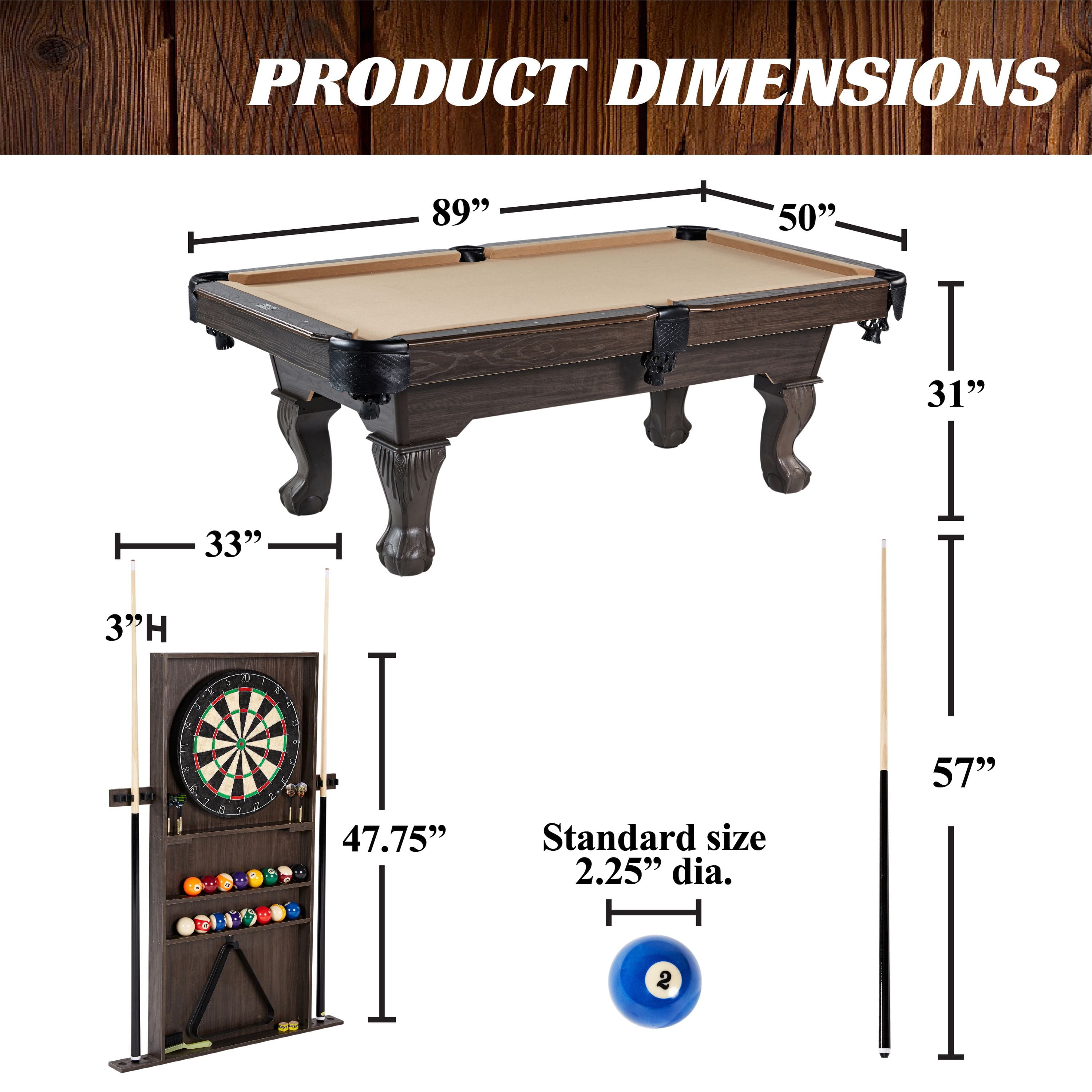 Barrington Billiards 90" Ball and Claw Leg Pool Table with Cue Rack, Dartboard Set, Tan