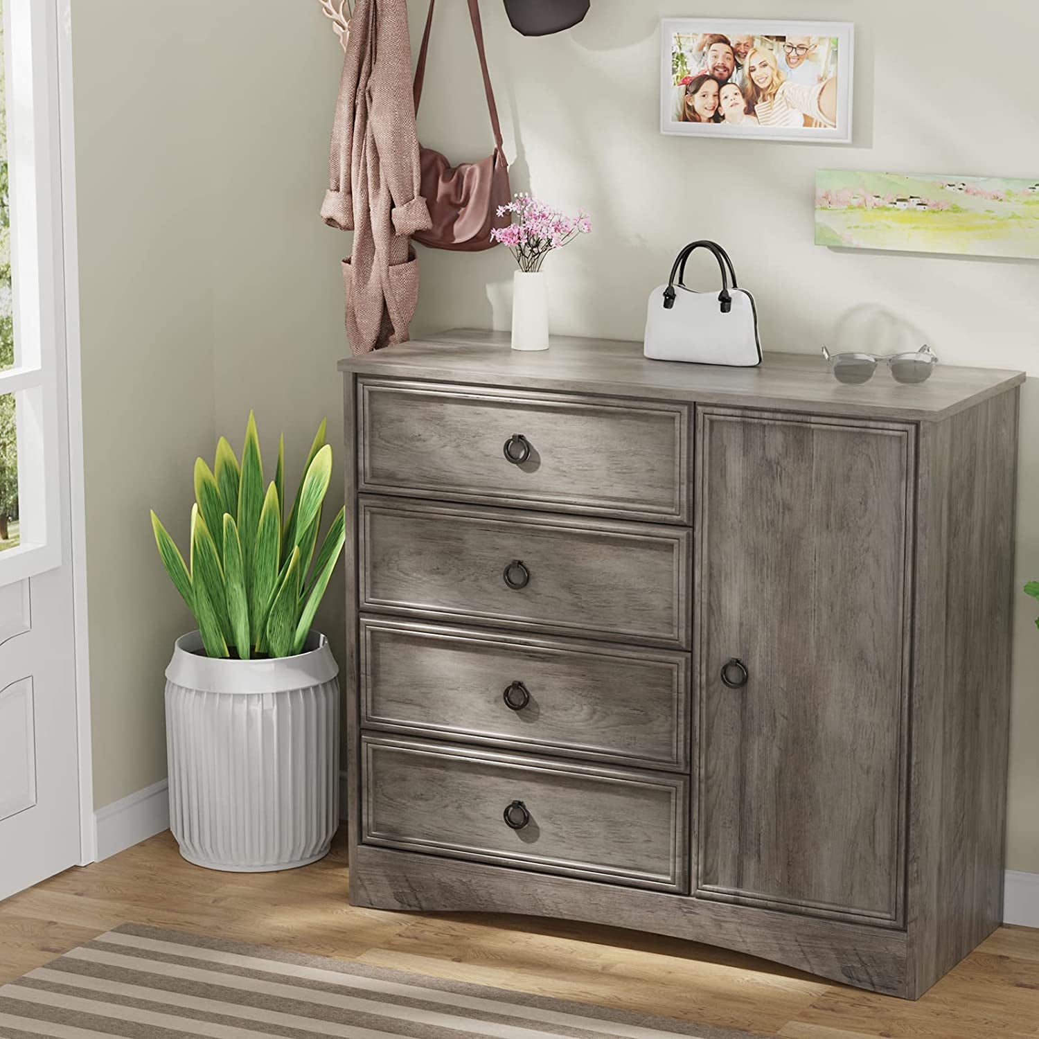 LGHM 4 Drawer Dresser W/ Door Cabinet for Bedroom, Chest of Drawers Storage Organizer Gray