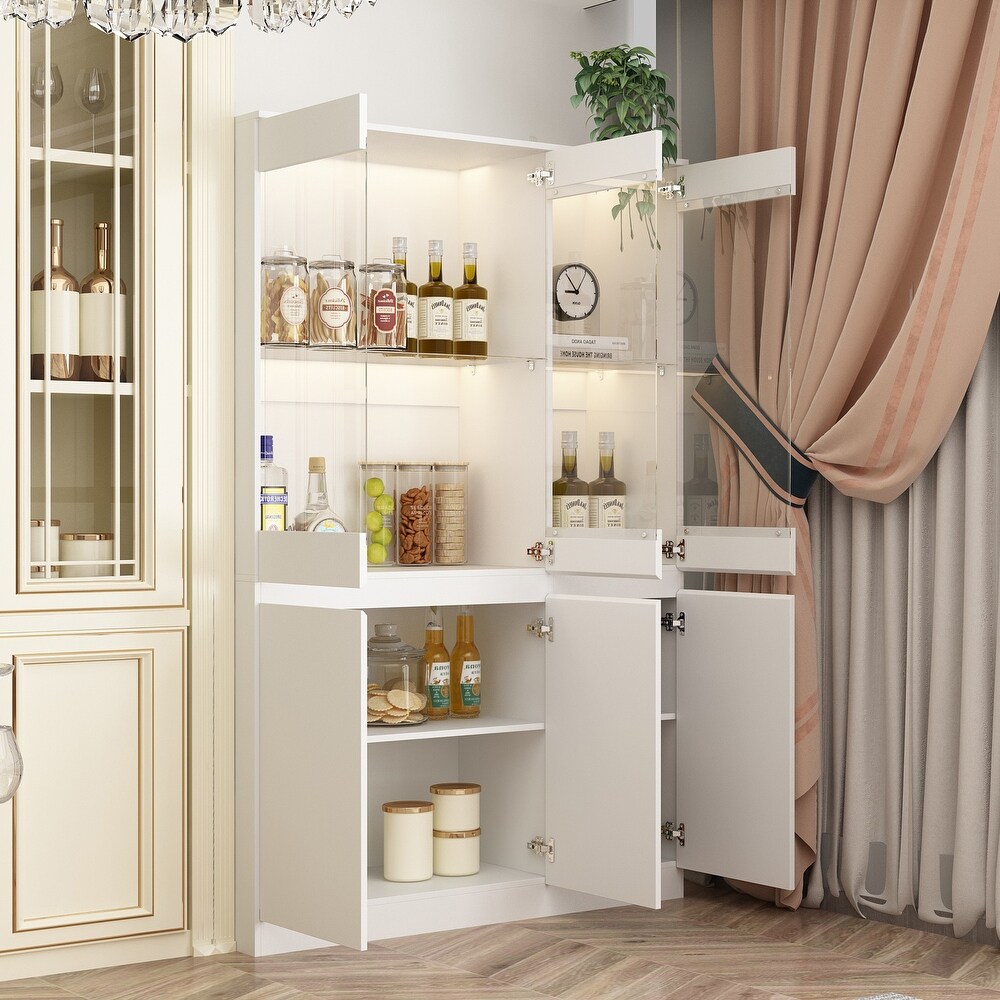 Storage Cabinet with LED Light Kitchen Pantry Cabinet with Glass Doors   47.2\