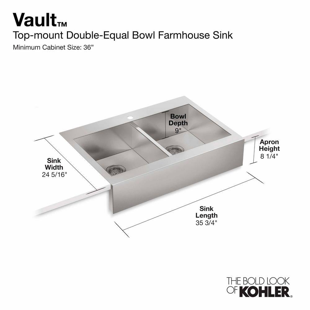 KOHLER Vault Farmhouse Drop-In Apron Front Self-Trimming Stainless Steel 36 in. 1-Hole Double Bowl Kitchen Sink K-3944-1-NA