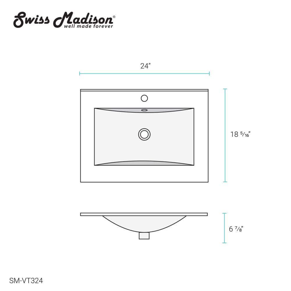 Swiss Madison 24 in Ceramic Single Faucet Hole Vanity Top in White with White Basin