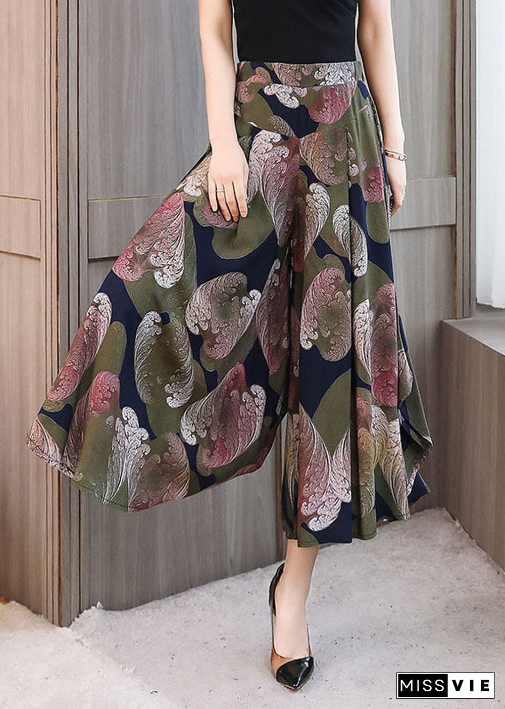 Italian Colorblock Elastic Waist Pockets Print Chiffon Wide Leg Pant Skirt Summer