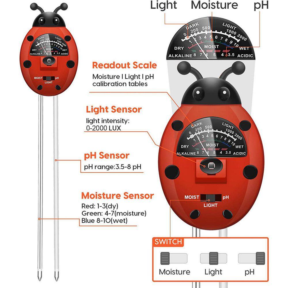 3-in-1 Soil Tester Kit with Plant Moisture Light and pH Tester (No Batteries Required) Colorful Ladybug Shape B08ZCQPBF2