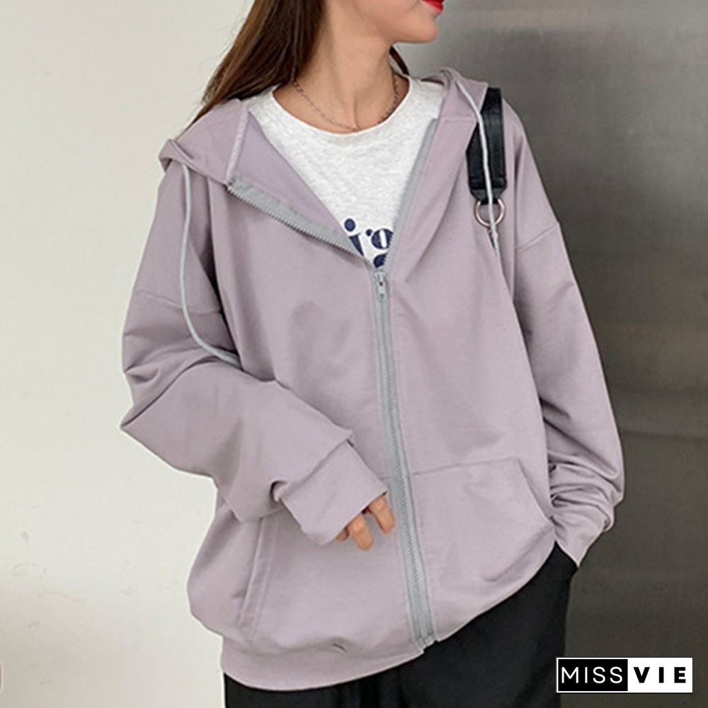 Ladies Fashion Simple Hooded Coats Women Casual Sport Fitness Hoodie Fleece Sweatshirt Zip Jackets