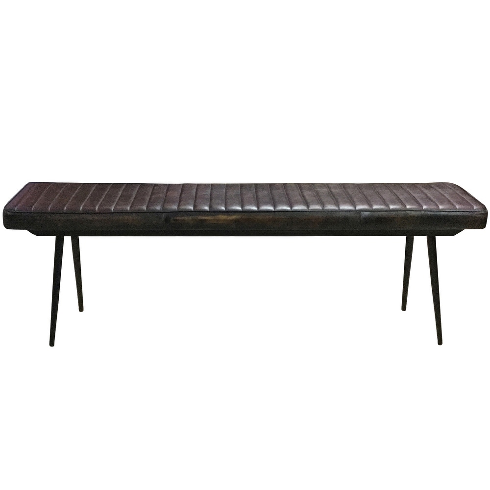 Channel Tufted Espresso Leather Dining Bench with Metal Legs