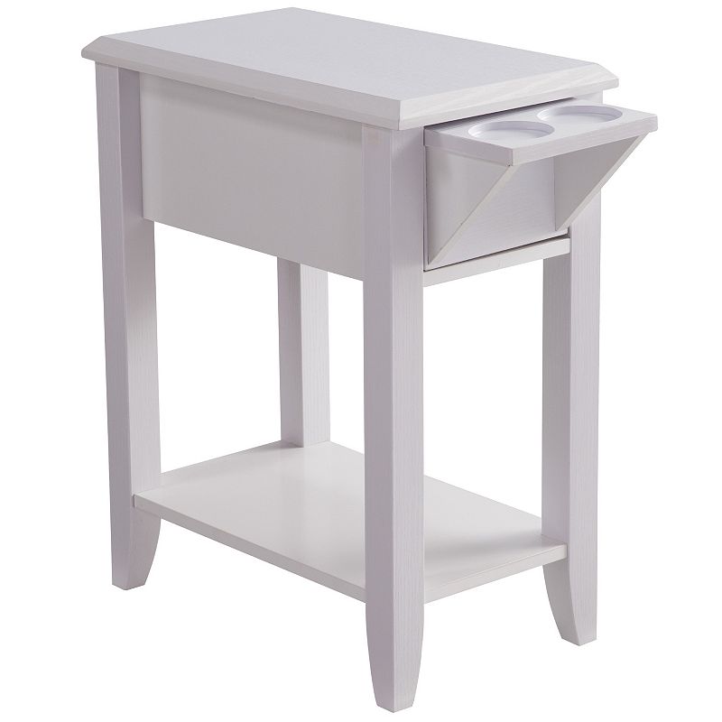 FC Design White Chairside Table with 2 Cupholders， Extendable Drawer and Bottom Shelf