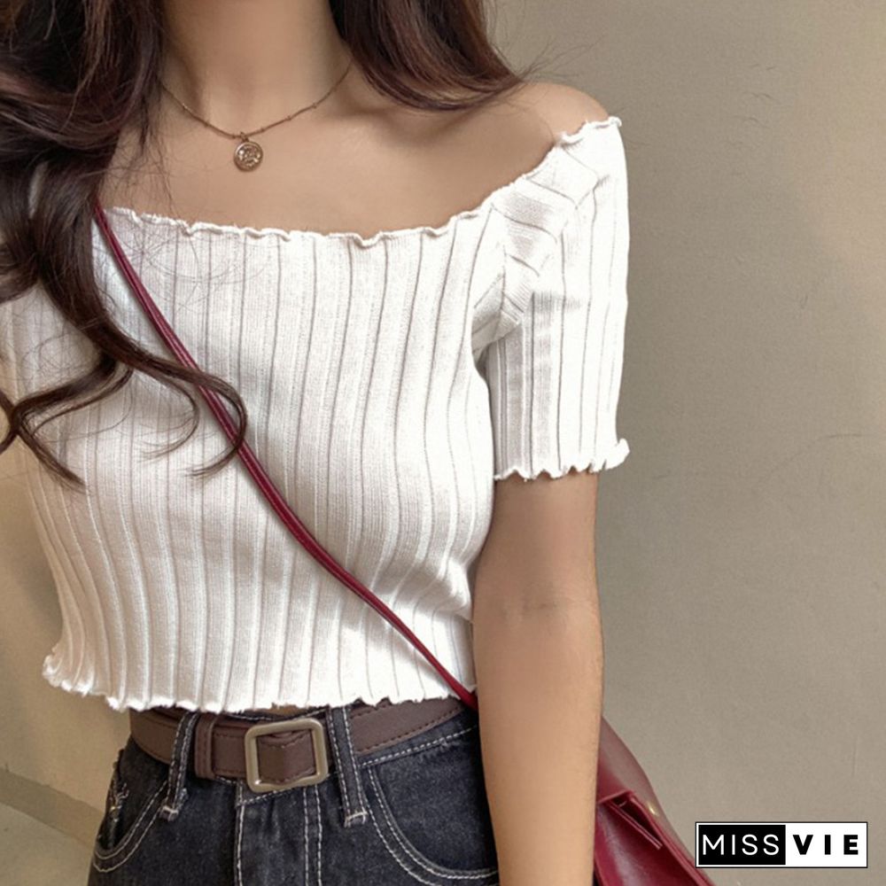 Heliar Women Off Shoulder T-Shirts Knitted Ruffles Hem Crop Tops Short Sleeve T-Shirts For Women Summer Tops Female