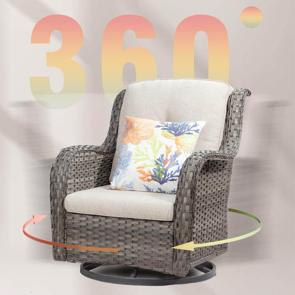 JOYSIDE 3Piece Wicker Patio Swivel Outdoor Rocking Chair Set with Beige Cushions and Table