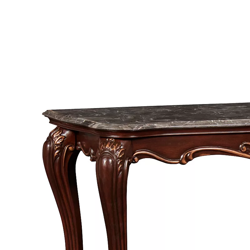 Wooden Console Table with Marble Top and Carved Details， Gray and Brown