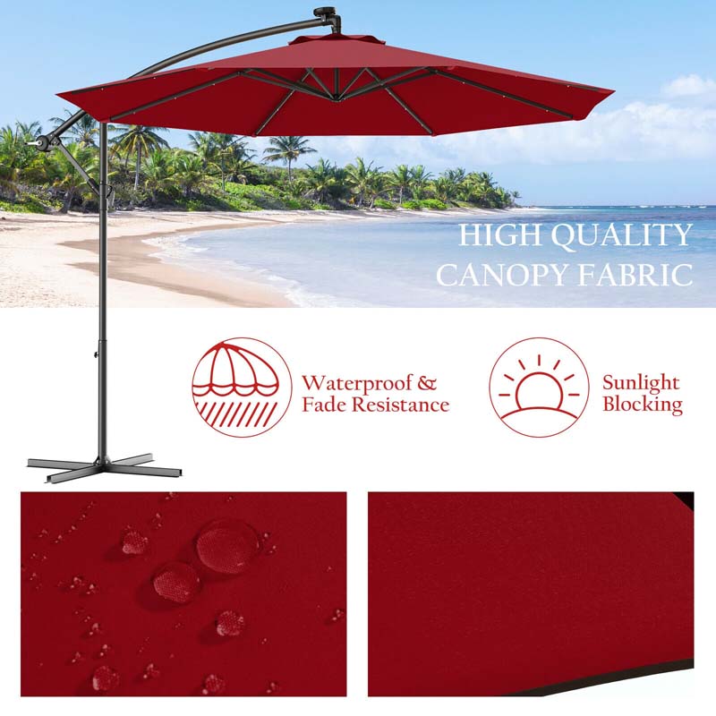 10 FT Offset Patio Umbrella with Solar LED Lights & Cross Base, Large Outdoor Cantilever Umbrella for Sun Rain