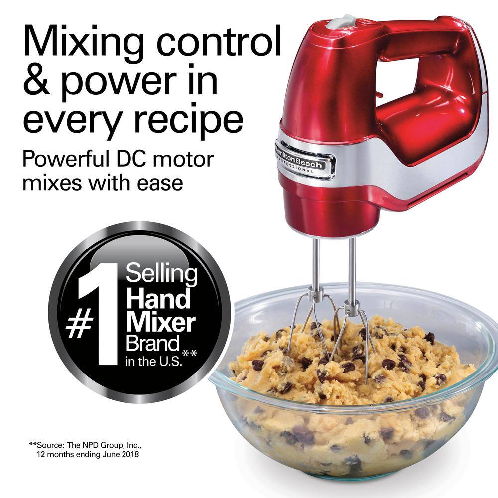 Hamilton Beach Professional 5-Speed Red Hand Mixer with Stainless Steel Attachments and Snap-On Storage Case 62653