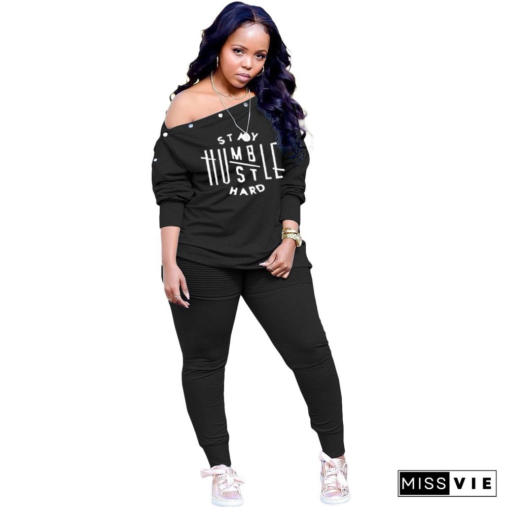 Plus Size Letter Print Off Shoulder T Shirt Pants Set