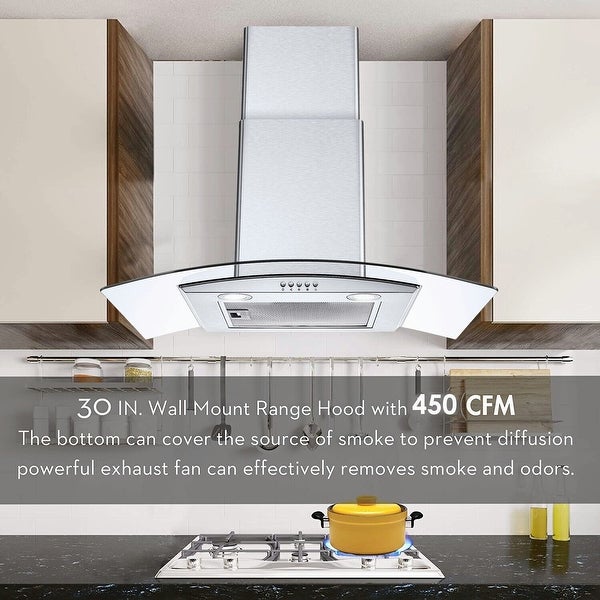 30 inch Tieasy Wall Mount Range Hood Kitchen Vent 450 CFM Tempered Glass 3-Speed