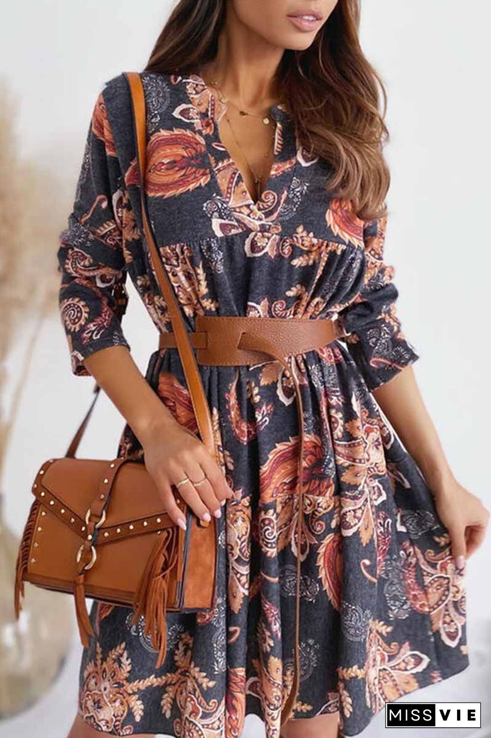 Loose Digital Print Half Sleeves Mini Dress