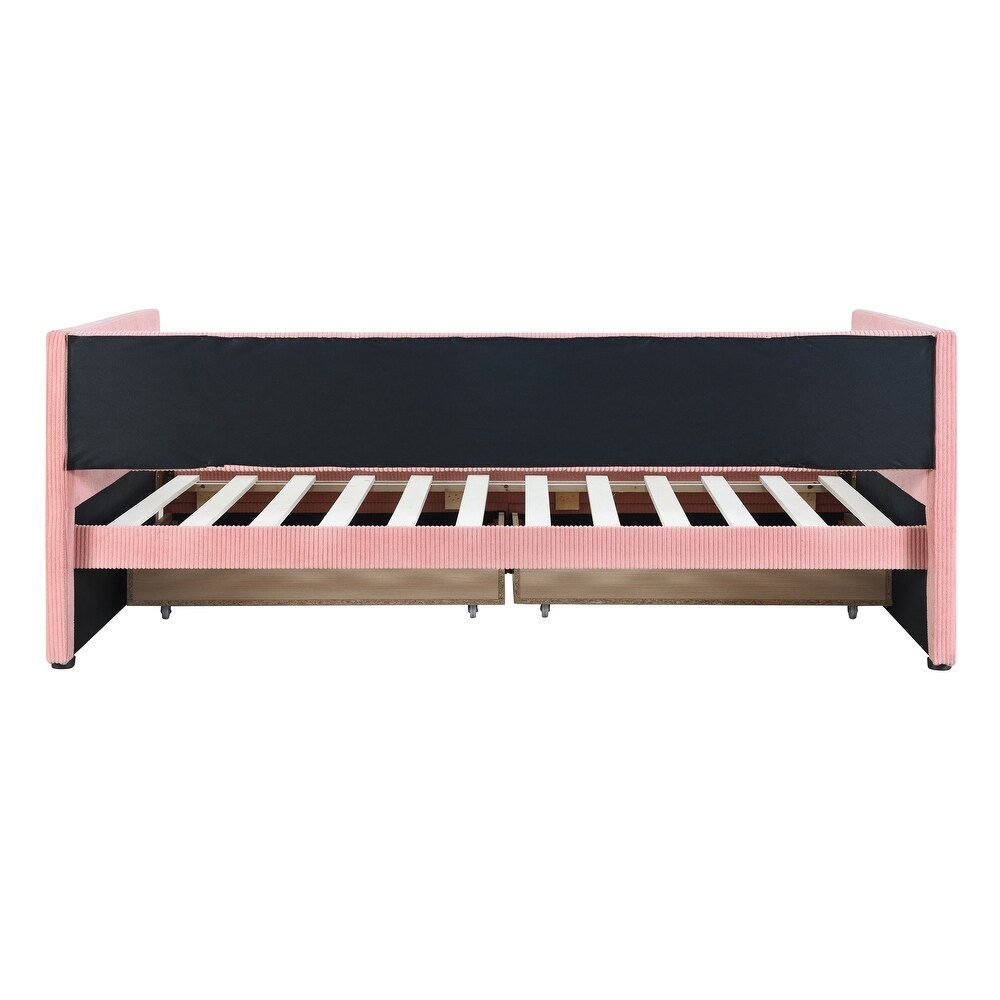 Pink Corduroy tufted Daybed Twin Frame w/ 2 Drawers No Box Spring Needed Wood Slat Support Bed Frame Noble Storage Bed Design