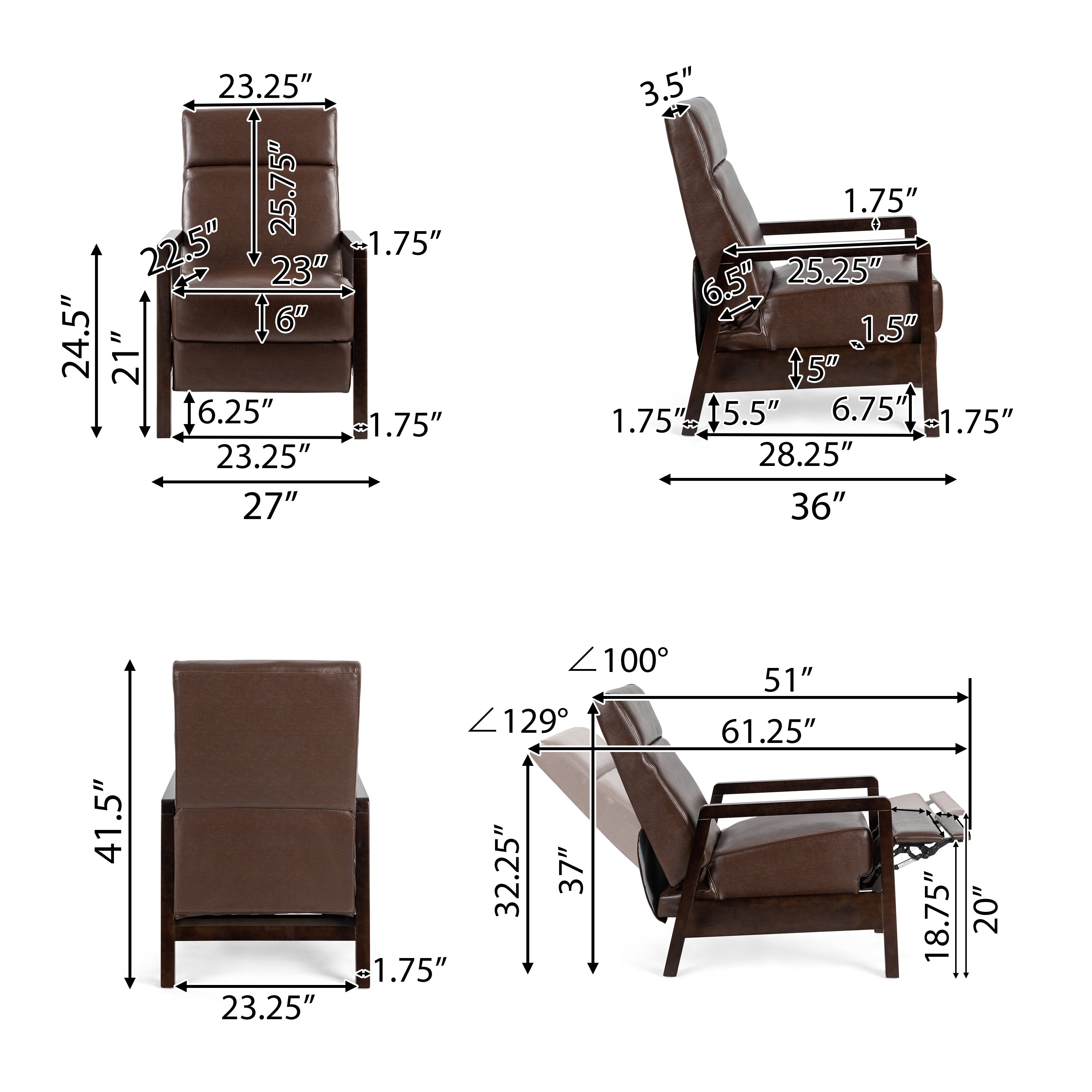 Miramichie Mid Century Modern Faux Leather Upholstered Pushback Recliner