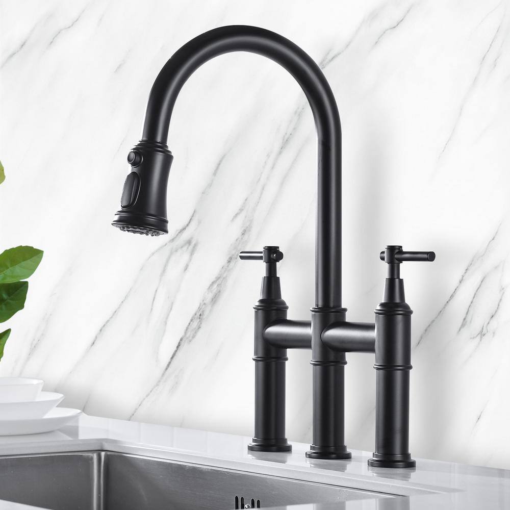 YASINU Double Handle Bridge Kitchen Faucet with Pull-Down Sprayhead in Matte Black YNBA707-MB