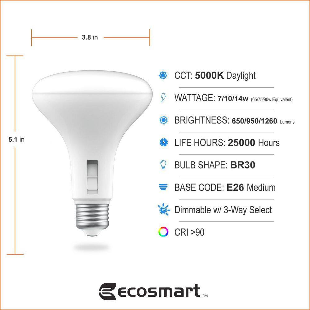 EcoSmart 657590-Watt Equivalent BR30 3-Way Flood ENERGY STAR Dimmable CEC LED Light Bulb Daylight (2-Pack) FG-04307