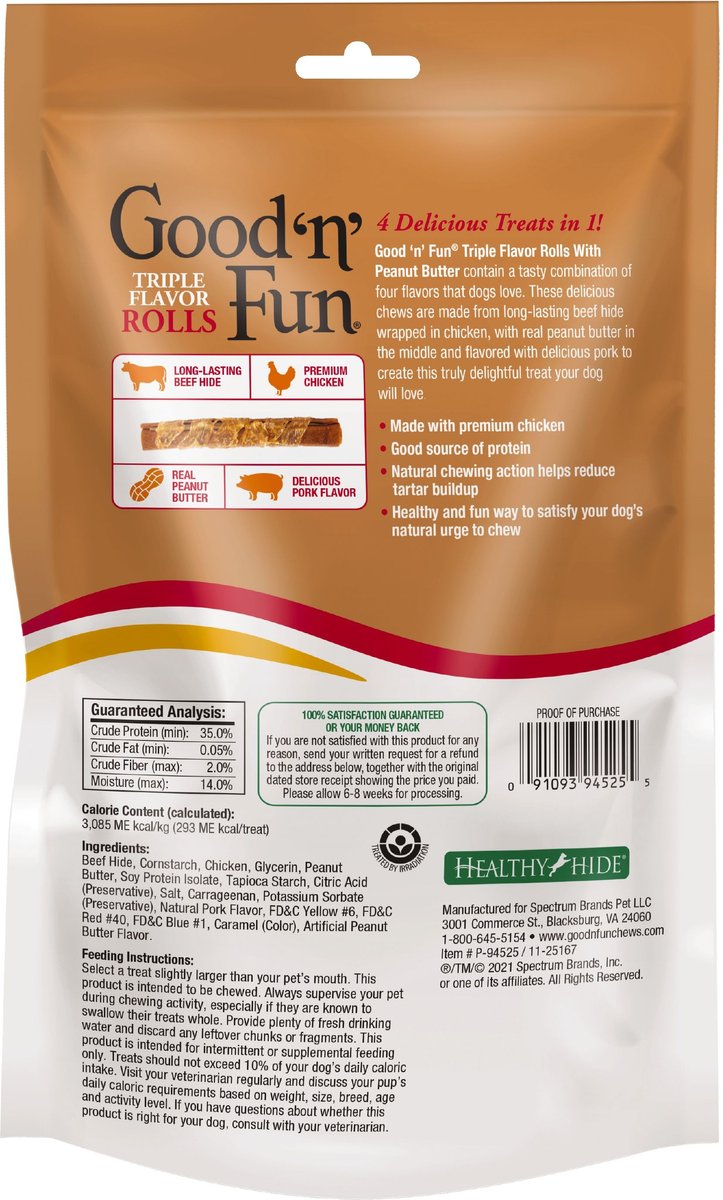 Good 'n' Fun Triple Flavor Peanut Butter Large Rolls Dog Rawhide Treat， 12.6-oz bag， 4 count