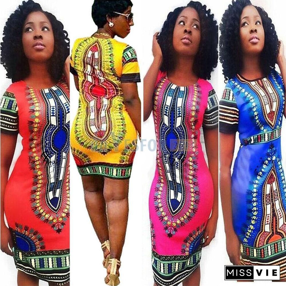 Summer Sexy Womens Traditional African Printed Dashiki Bodycon Short Sleeve Slim Dress