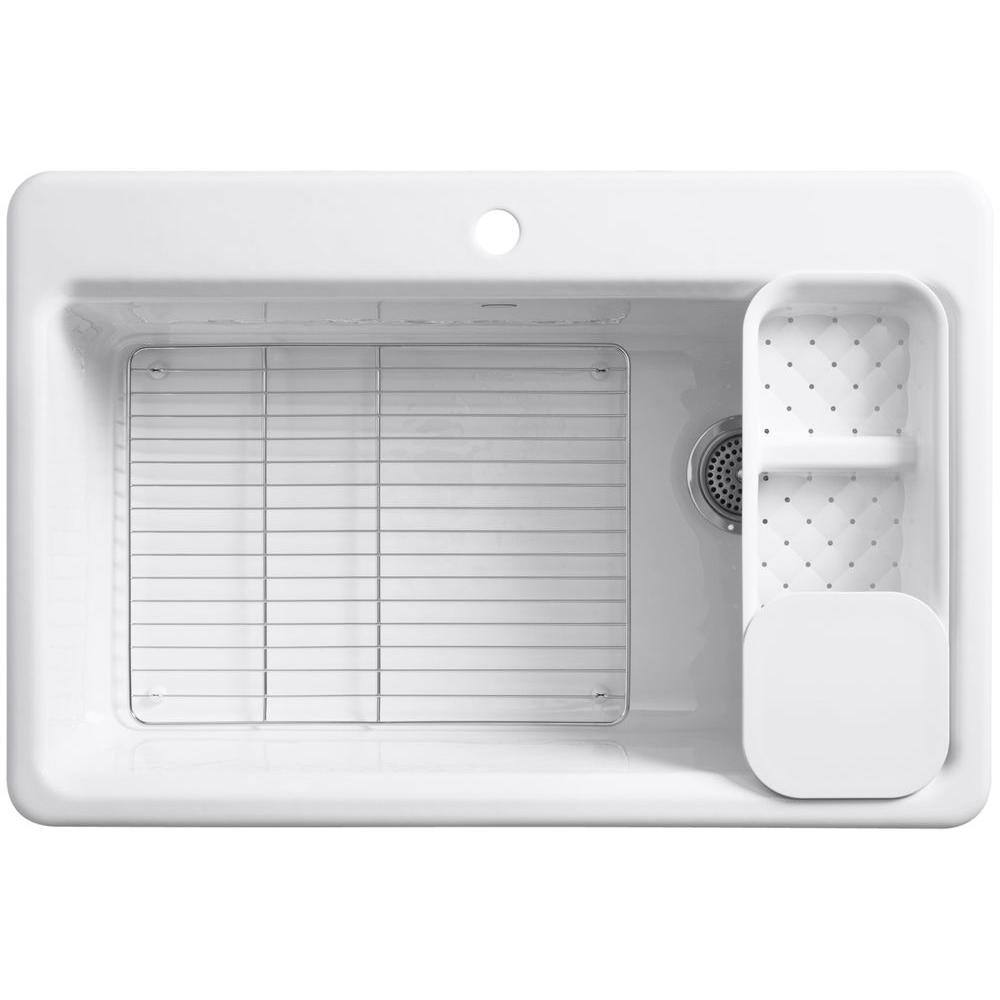 KOHLER Riverby Workstation Drop-In Cast Iron 33 in. 1-Hole Single Basin Kitchen Sink Kit with Accessories in White K-5871-1A2-0