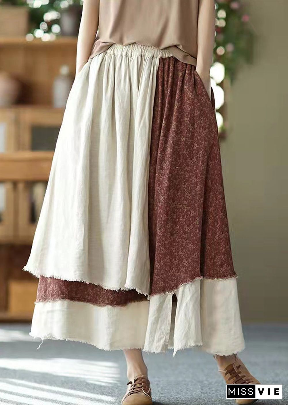 Vintage asymmetrical design elastic waist layered design Pockets Linen Skirt Summer