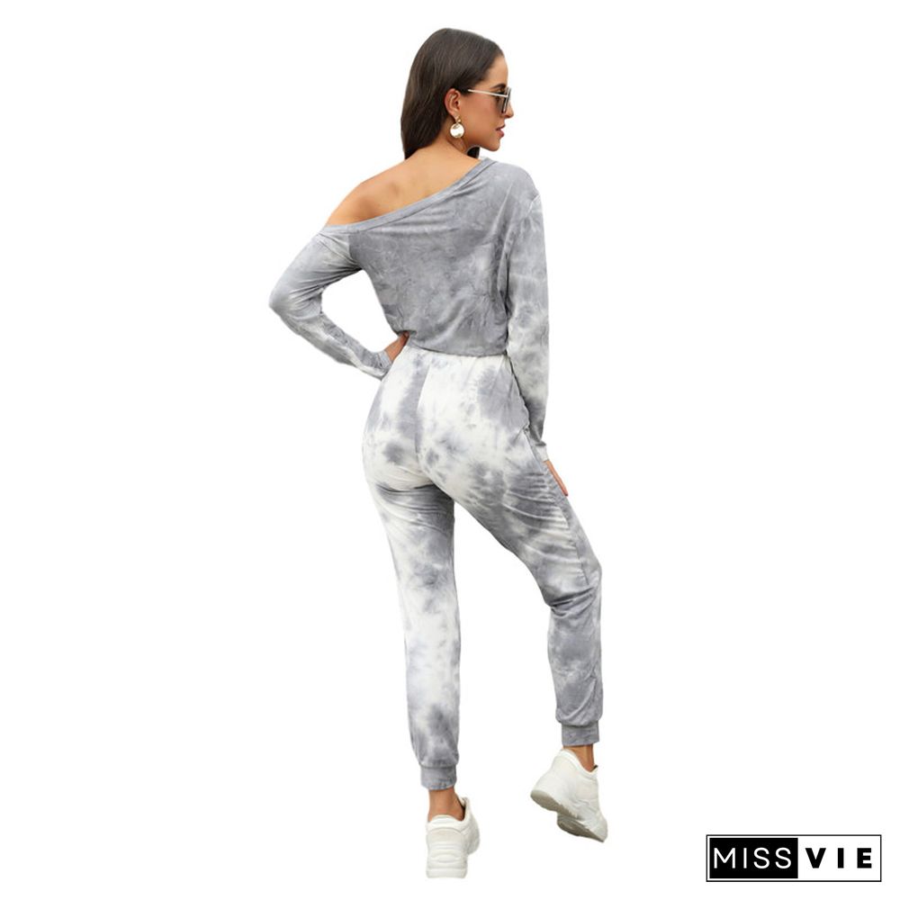 Women Tie Dye Print Jumpsuit Streetwear Off Shoulder Lace Up One Piece Romper Overalls Autumn Rompers Womens Jumpsuit