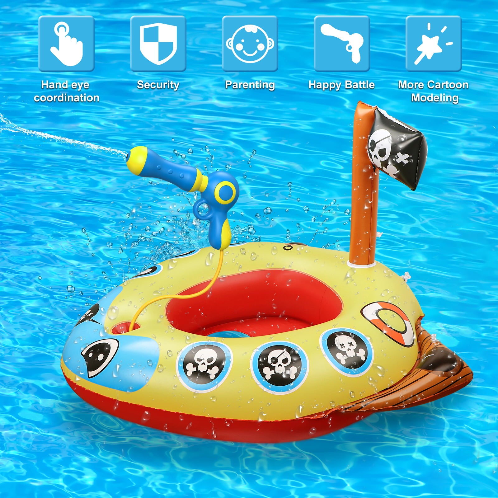 HopeRock Inflatable Pirate Boat Pool Float for Kids with Built-in Squirt Gun, Inflatable Ride-on for Kids Aged 3-8 Years