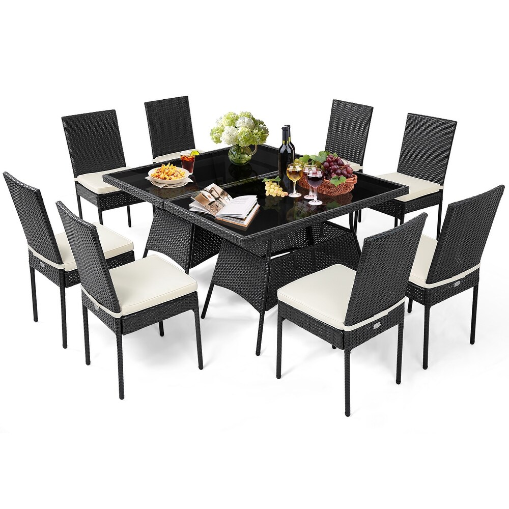 Costway 10PCS Patio Rattan Dining Set Cushioned Chair Table with Glass   See Details