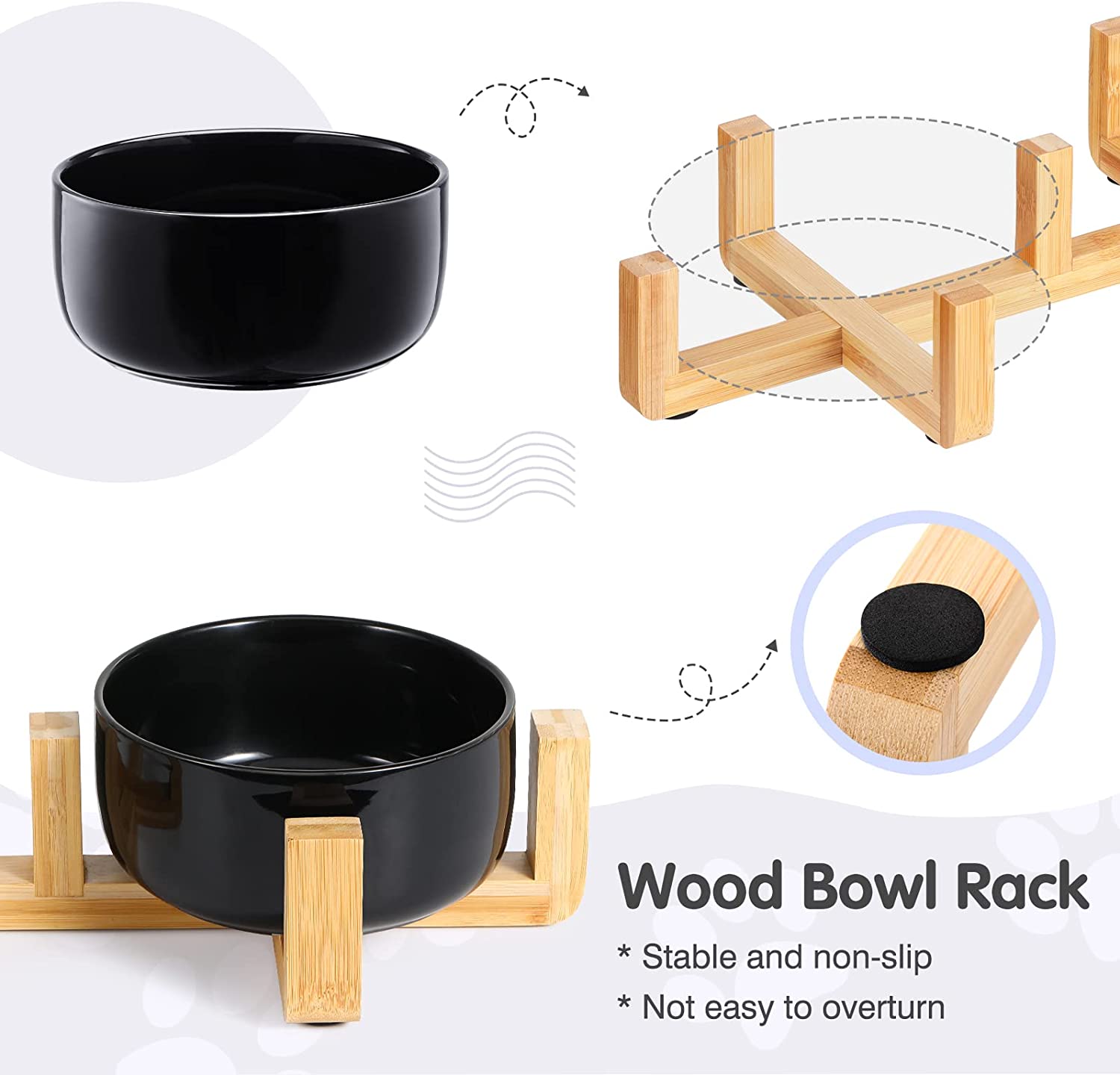 Pawaboo Ceramic Dog Cat Food and Water Bowls Set with Wooden Stand & Non-Slip Silicone Pad, Modern Cute Bowl Set for Small Size Dogs and Cats (15.2OZ) & Medium Sized Dogs (28OZ), 6inch-Black