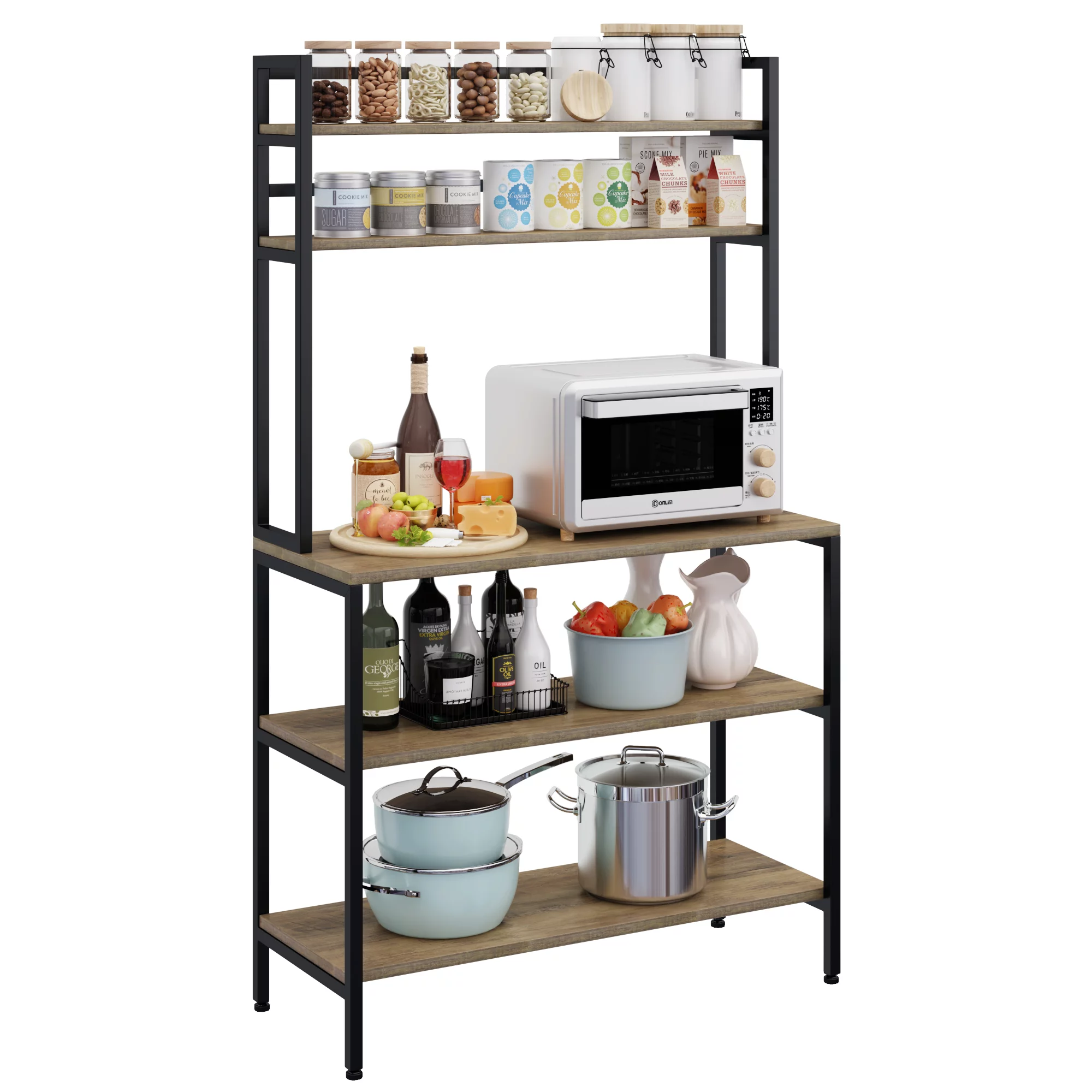 Homfa 5-Tier Kitchen Hutch， Microwave Oven Stand with Metal Frame， Wood Storage Shelf， Rustic Brown Finish