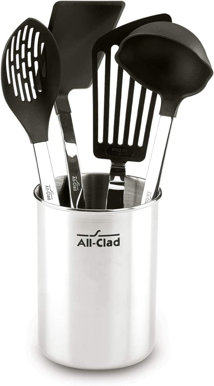 All-Clad Scratch and Heat-Resistant Nylon Tools with Stainless Steel Handles and Caddy， 5-Piece