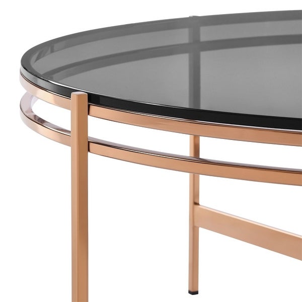 Cid 35 Inch Modern Coffee Table， Black Smoked Glass Top， Rose Gold Legs