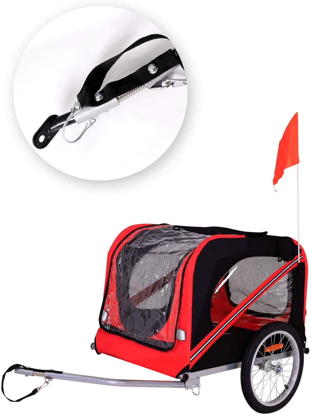 Dog bike trailer with clutch and seat belts red black