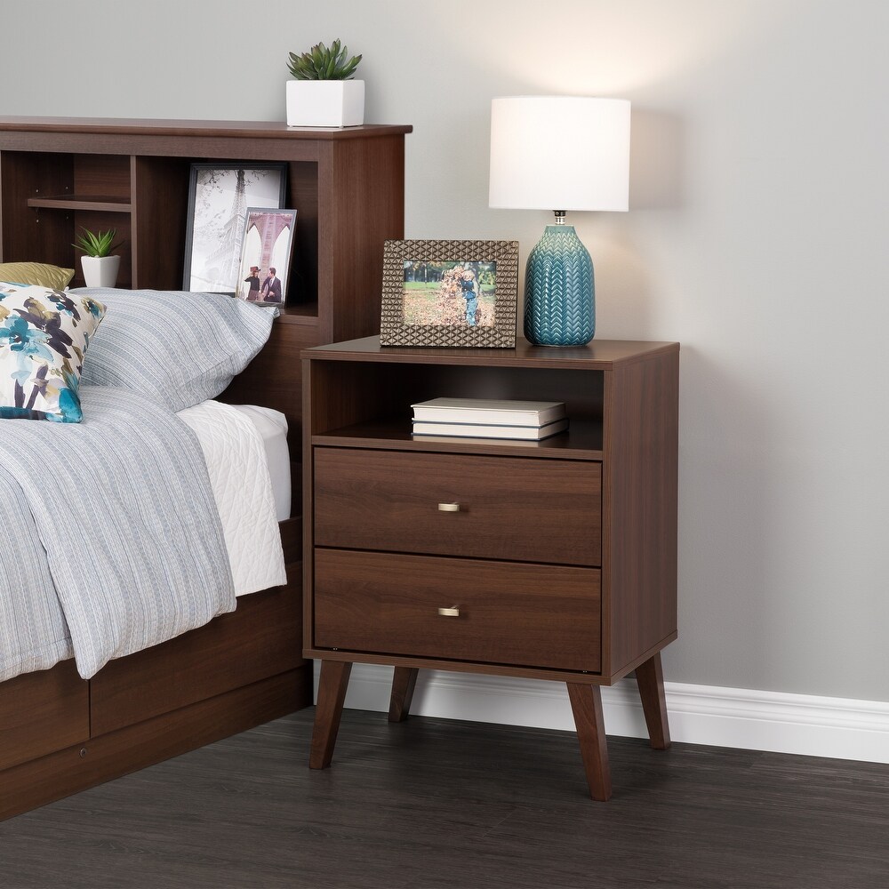 Prepac Milo Mid Century Modern 2 Drawer Nightstand with Open Shelf  Bedside Table  Contemporary Bedroom Furniture