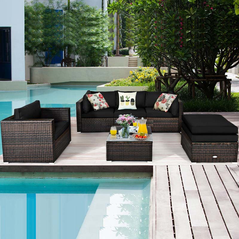 6 Pcs Patio Rattan Sectional Furniture Set Outdoor Conversation Sofa Set with Cushions