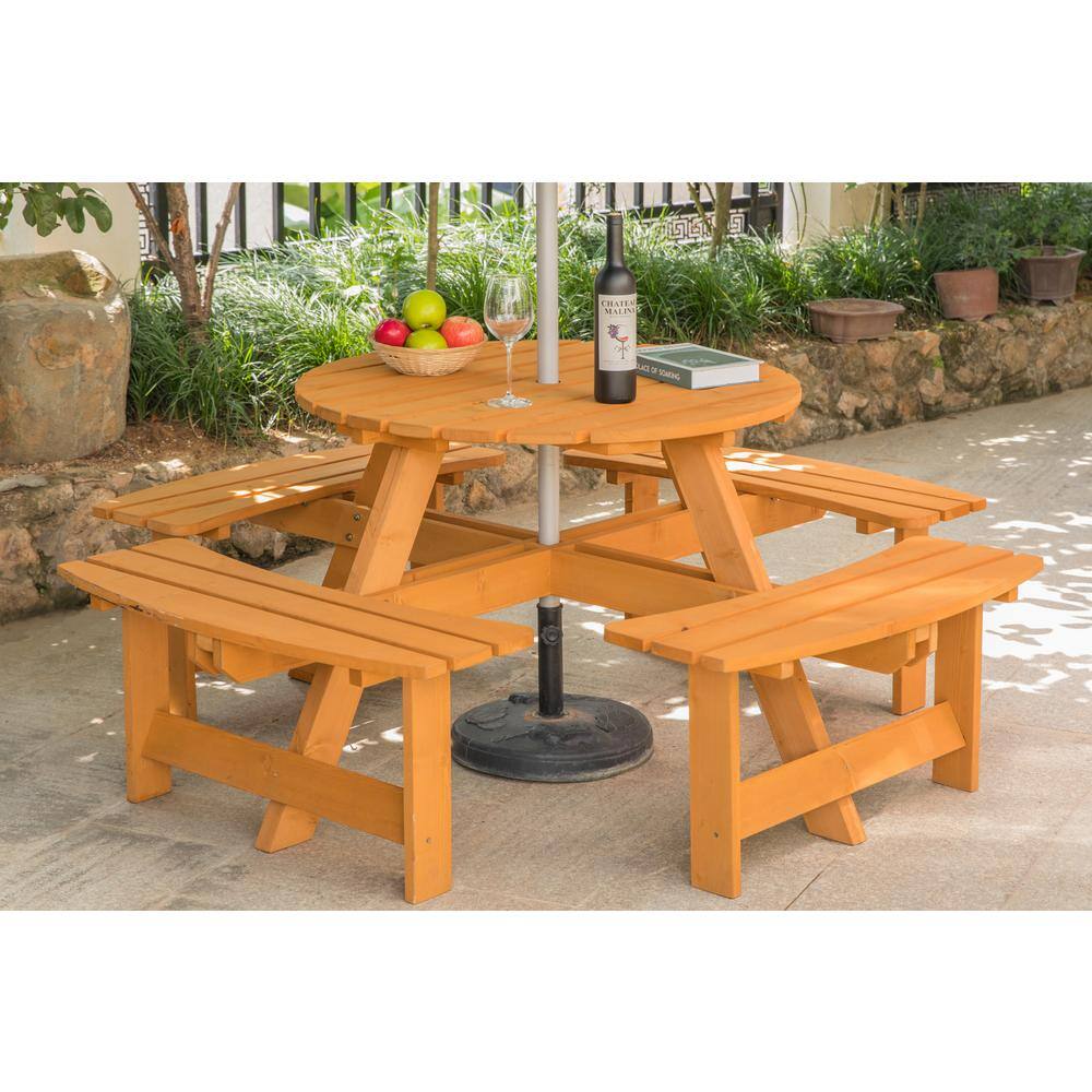 GARDENISED Stained 8-Person Round Wooden Outdoor Patio Garden Picnic Table with Bench QI003903.ST