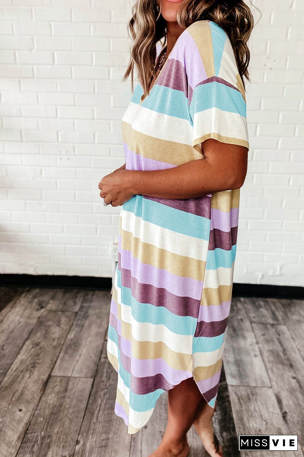 Striped Color Block V Neck T Shirt Midi Dress