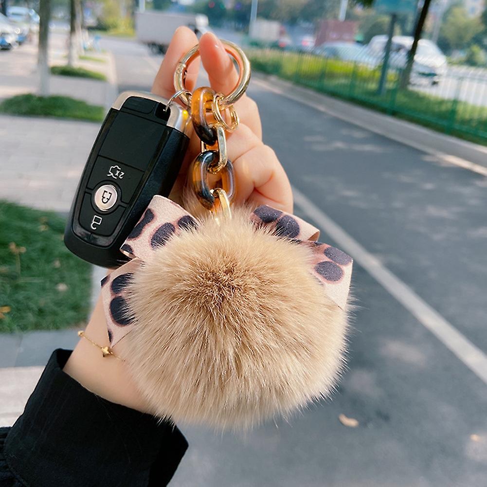 Stylish Soft Plush Key Ring Leopard Pattern Bowknot Keychain Car Ornament Pendant Accessory For Ladies Girls Women Champagne