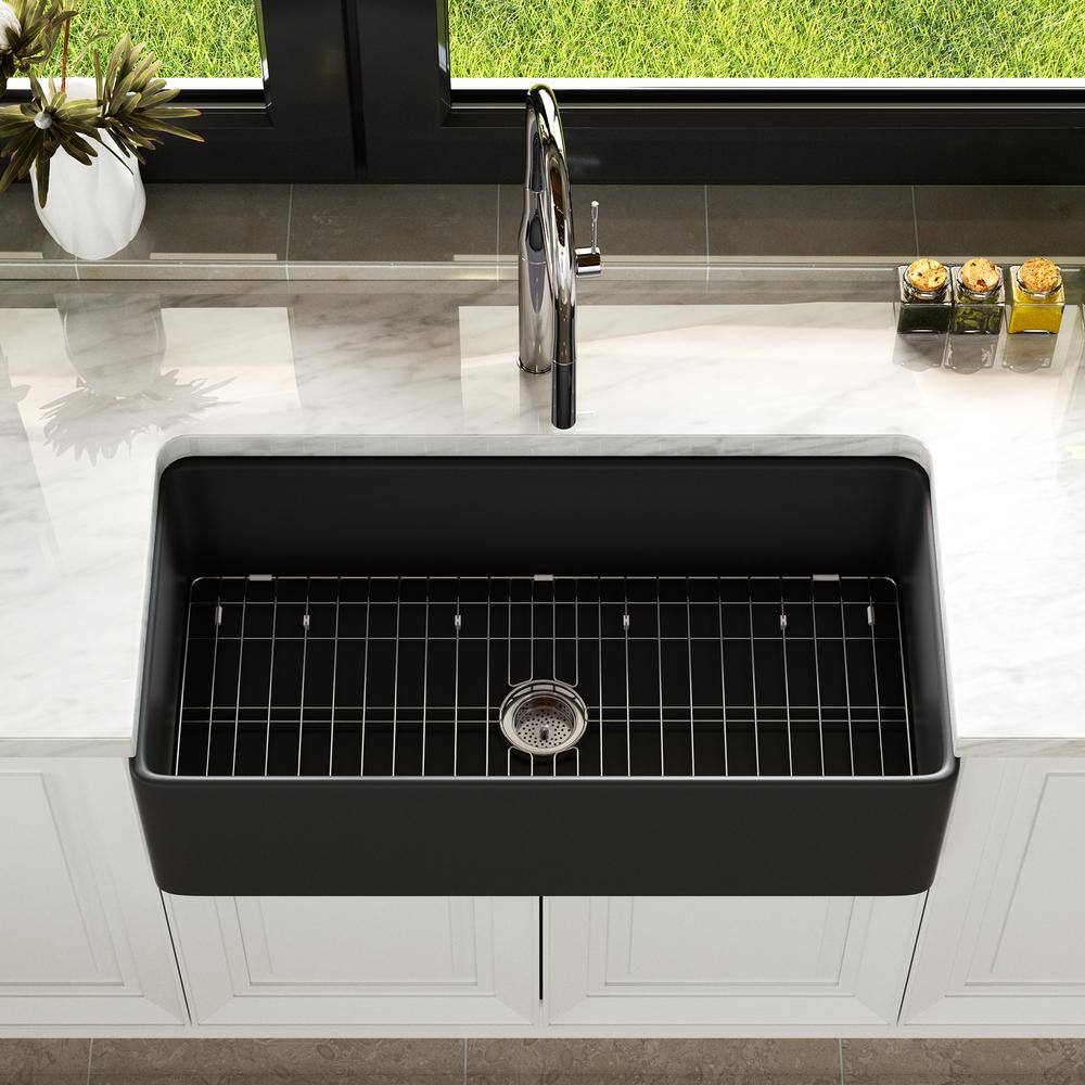 Black Fireclay 36 in. Single Bowl Farmhouse Apron Kitchen Sink with Bottom Grid and Basket Strainer HKD-361810-B