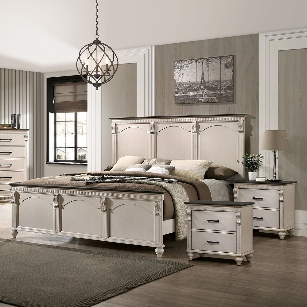 Alencon Transitional White Wood 3 piece Panel Bed with 2 Nightstands Set by Furniture of America