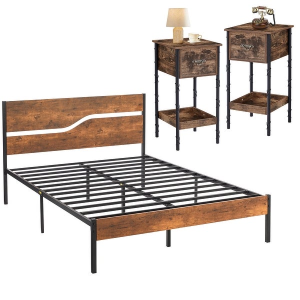 Taomika 3-pieces Bedroom Set with Platform Bed Frame and Nightstands Set of 2，Rustic Brown - - 36189199