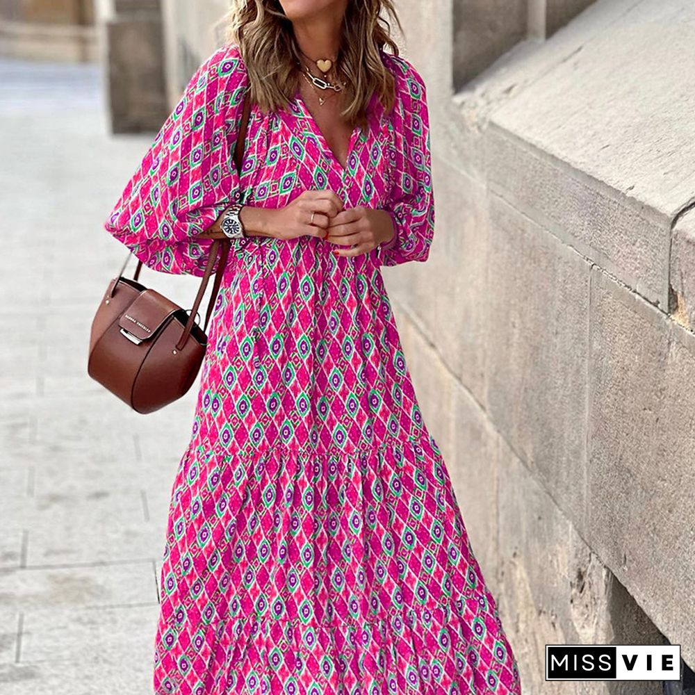 Short Sleeved Medium Length Bohemian Print Dress