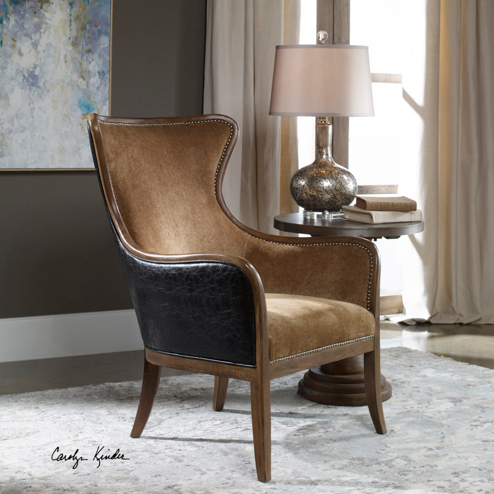 Plush Tan and Chocolate Brown Velvet Wing Chair Classic Brass Nailhead Trim Arms   Traditional   Armchairs And Accent Chairs   by My Swanky Home  Houzz