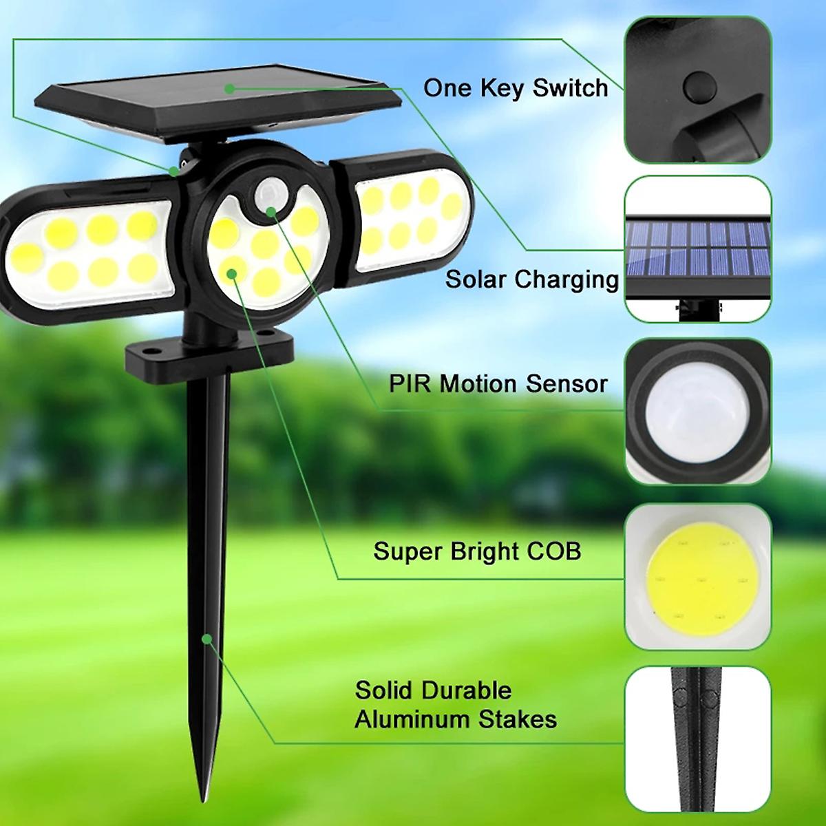 140 Cob Outdoor Solar Lights Three Head Lighting Lawn Ground Lamp Pir Motion Sensor Landscape Spotlights For Garden Courtyard