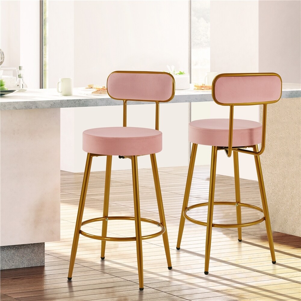 Yaheetech 2pcs Velvet Bar Stools With Gold Legs Counter height Bar Stools with Backrest and Footrest   N/A