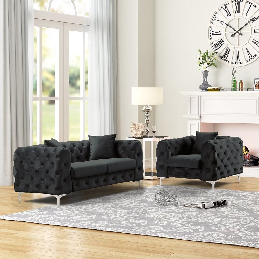 Morden Fort Contemporary Chair and Loveseat Set with Deep Button Tufting Dutch Velvet  Solid Wood Frame and Iron Legs