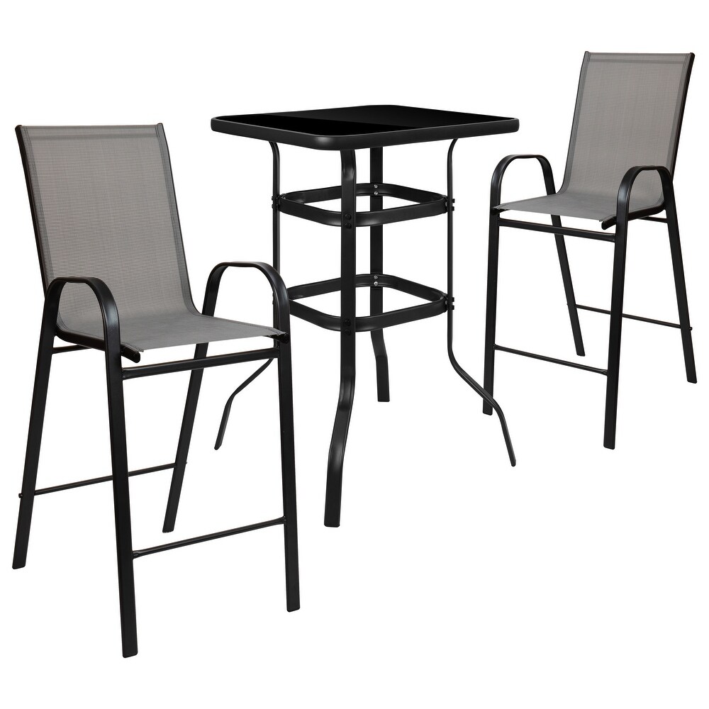 3 Piece Outdoor Glass Bar Patio Table Set with 2 Barstools